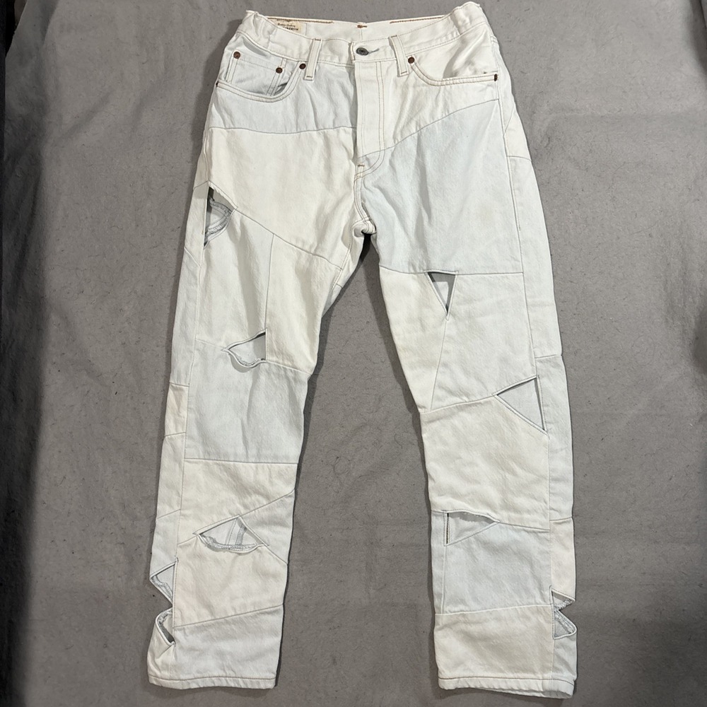 Levis 501 Crop Pieced Denim Jeans Scatter Brain‎ Triangle Patchwork Holes 29x27